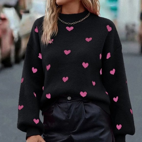 Black Casual Womens Heart Pattern Mock Neck Drop Shoulder Sweater - Picture 3 of 5